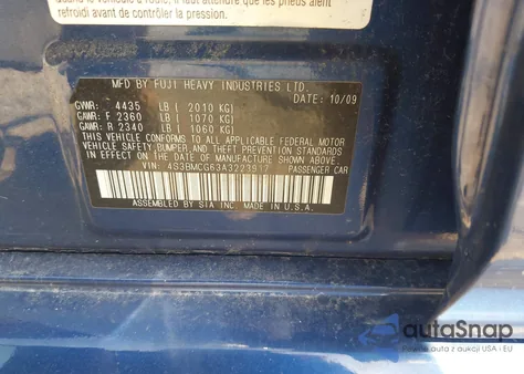 2010 Subaru Legacy 2.5I Premium z USA, uszkodzony, nr VIN 4S3BMCG63A3223917